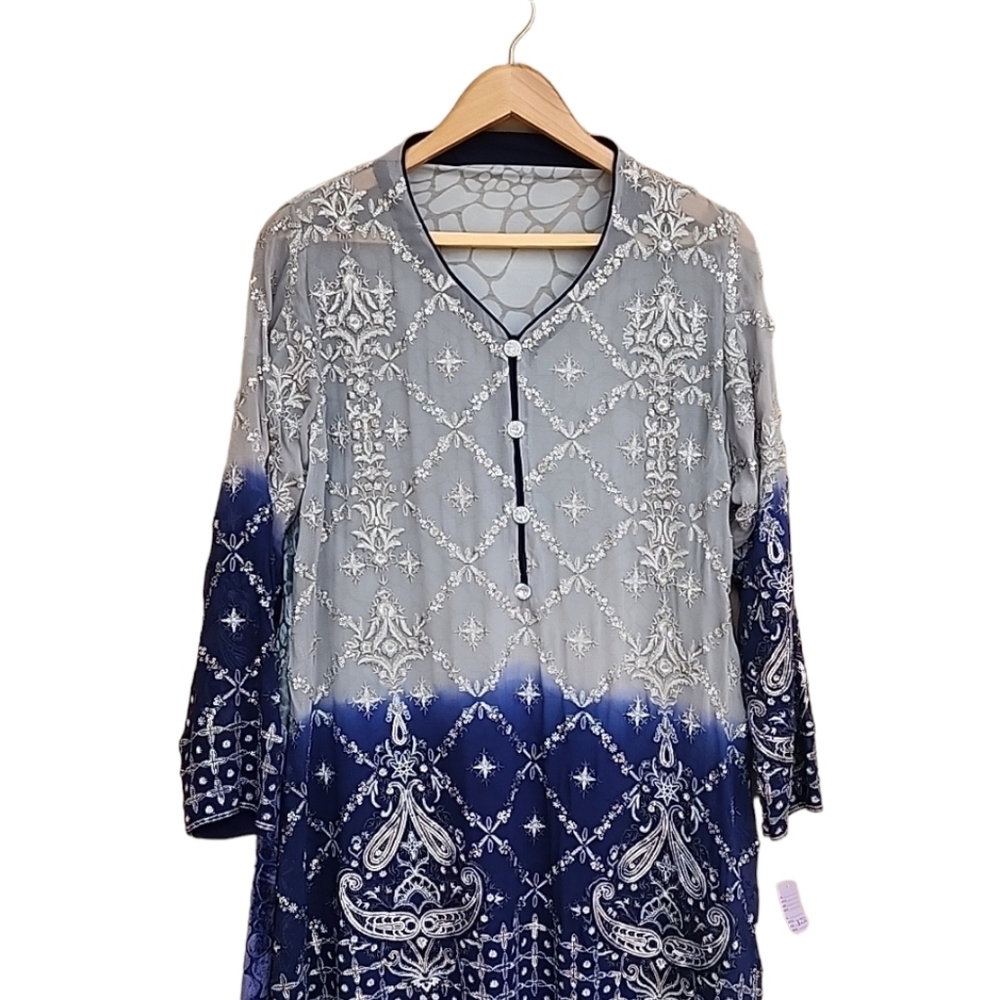 BOLLYWOOD Kurti Silk Dress Tunic L Embroidered DUBAI Custom Wedding Top Y2K - Picture 8 of 16